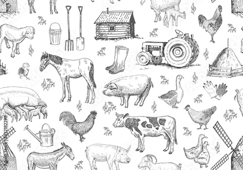 Vector seamless pattern with farm elements, animals.