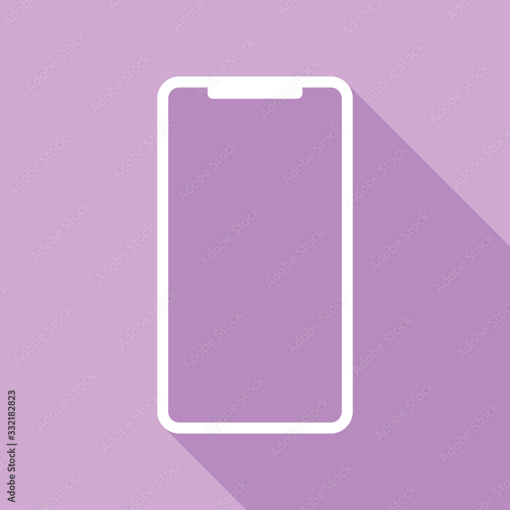 Smartphone sign. White Icon with long shadow at purple background. Illustration. Smartphone sign. White Icon with long shadow at purple background. Illustration.