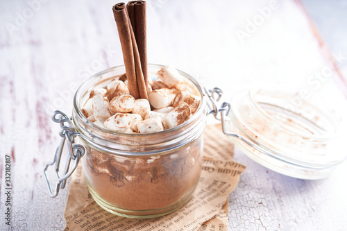 Cocoa in a jar with marshmallows Close up