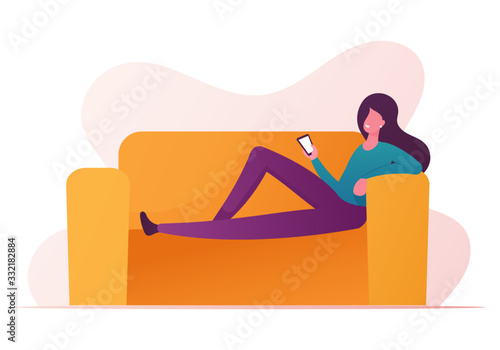 Female Character with Mobile Phone in Hands Lying at Couch Using Innovative Modern Electronic Equipment with Wifi Connection for Fast Gadgets Charging, Wireless Charger. Cartoon Vector Illustration