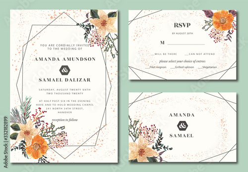 wedding invitation geometric with orchid floral watercolor