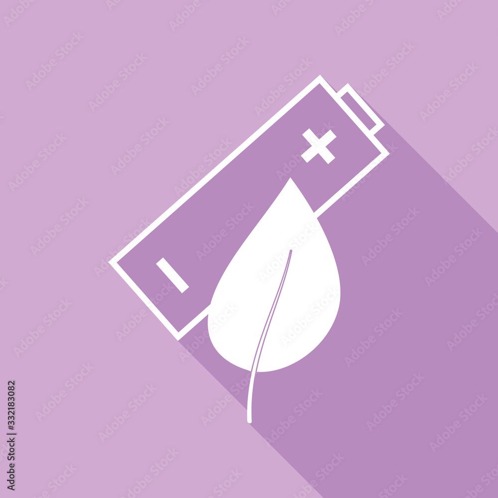 Eco Related sign. White Icon with long shadow at purple background. Illustration.