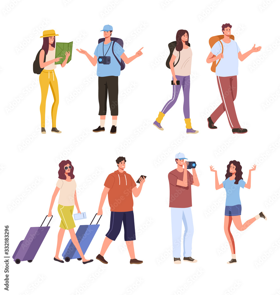 Ταπετσαρία Man woman tourist campers people characters isolated set