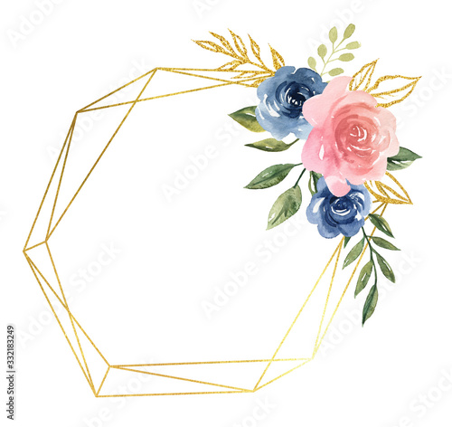 Beautiful wreath. Elegant floral collection with isolated blue,pink leaves and flowers, hand drawn watercolor. Design for invitation, wedding or greeting cards
