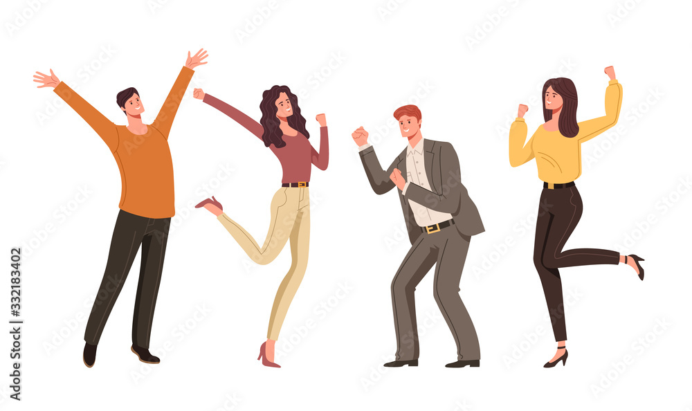 Happy winners people characters win and rejoice. Vector flat graphic design isolated illustration Happy winners people characters win and rejoice. Vector flat graphic design isolated illustration