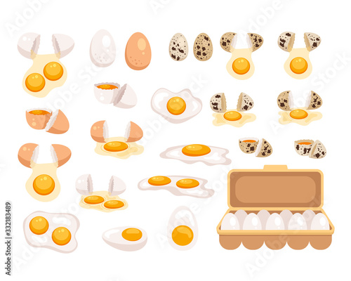 Raw cut slice boiled fried fresh omelette scrambled egg isolated set collection.  Vector flat graphic design isolated illustration