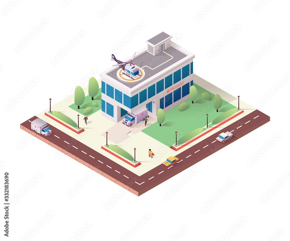 Isometric Hospital Building on White Background. Clinic Construction with Ambulances and Helicopter. Ennobled Territory with Plants. People Walk along Street, Cars Drive Road. Flat Vector Illustration