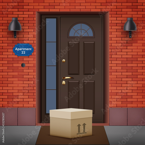 Contactless delivery left at the door during the quarantine. House entrance with delivered box. Control Epidemic Prevention measures of coronavirus. Vector Illustration
