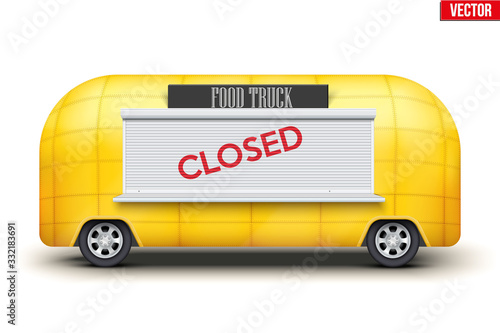 Food Truck Trailer is closed. Fast food van with closed tag. Closed food services due to quarantine during the coronavirus epidemic. Vector illustration Isolated on white background.