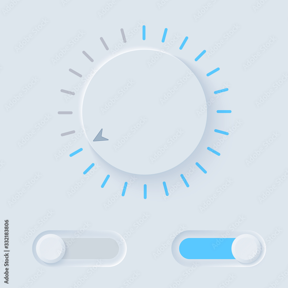 Neumorph UI kit with Volume Knob and switches. Light set. Workflow Control and navigation elements in Skeuomorph Trend. Design for smart technology applications. Vector illustration. Neumorph UI kit with Volume Knob and switches. Light set. Workflow Control and navigation elements in Skeuomorph Trend. Design for smart technology applications. Vector illustration.