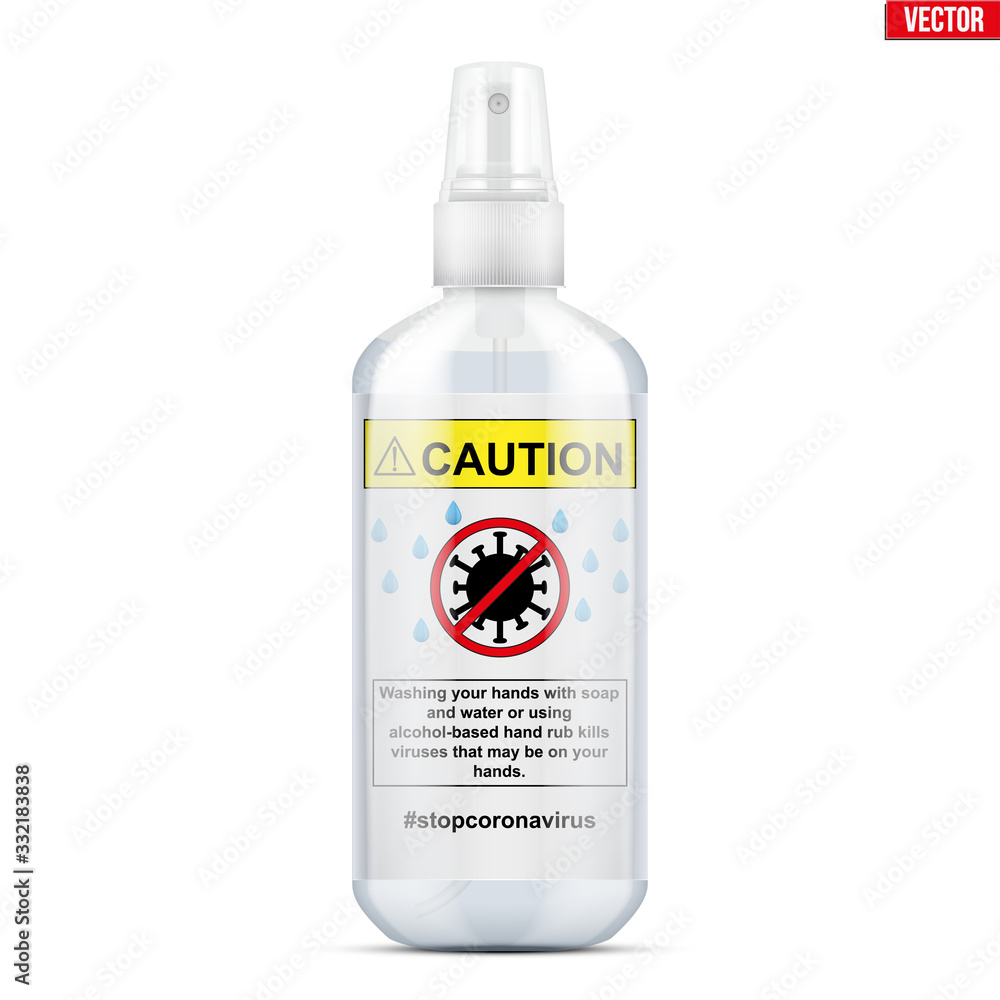 Sanitizer bottle spray with gel and attention label. Disinfectant Bottle with Spray. Safety in an epidemic and pandemic. Vector Illustration isolated on white background. Sanitizer bottle spray with gel and attention label. Disinfectant Bottle with Spray. Safety in an epidemic and pandemic. Vector Illustration isolated on white background.
