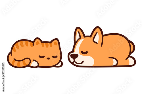 Cute sleeping cat and dog
