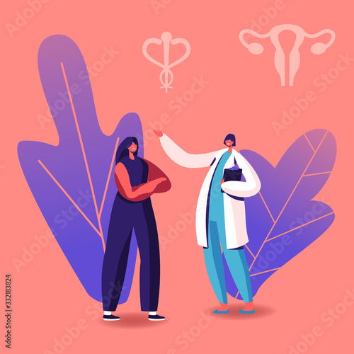 Female Character Visiting Doctor Gynecologist for Hormonal Therapy and Reproductive System Diagnostics and Treatment. Woman Health Care, Hormonal Disease Check Up. Cartoon People Vector Illustration