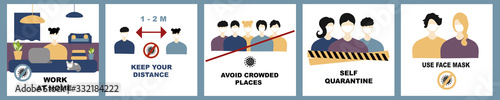 Coronavirus vector set, bundle. Self quarantine and avoid crowded places, use face mask and work at home concept, keep distance. Signs with people on the subject of coronavirus
