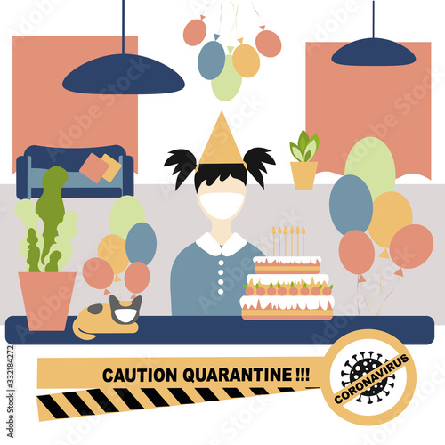 Little girl at the table wearing a protective mask with cake and balloons, Birthday alone.  Coronavirus protection, Canceling a birthday party for quarantining the coronavirus concept.