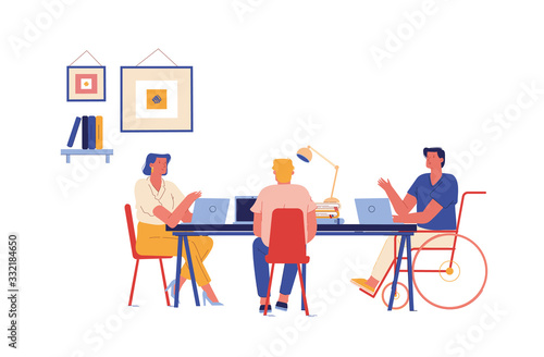 Handicapped Employees and Healthy Office Worker Characters Sitting at Desk Working on Laptops and Communicate. Disability, Employment for Disabled Persons Concept. Cartoon People Vector Illustration