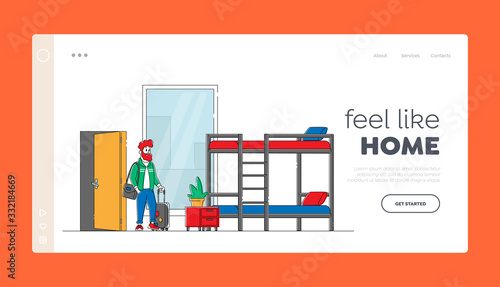 Traveler Hipster Move to Cheap Guesthouse or Dormitory Landing Page Template. Young Male Character with Luggage Enter Hostel Room with Bunk Bed for Staying at Night. Linear Vector Illustration