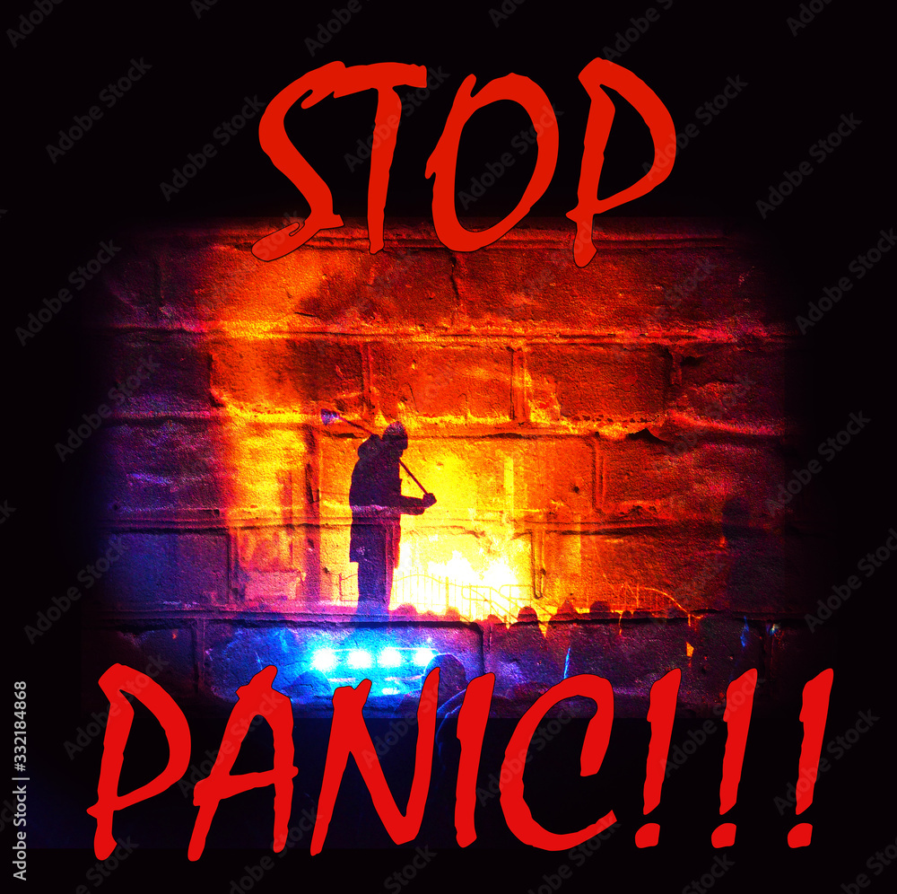 Abstract metaphor image with police spotlights, the fire of a burning house and the inscription