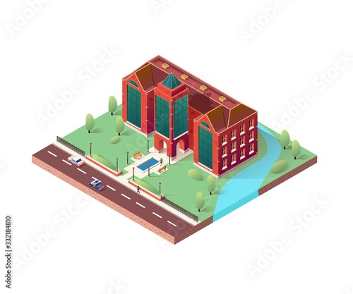 Isometric Library, University on White Background. Modern Beautiful High-rise Building with Green Territory, Trees, River. People Walking, Car and Police Car Drive Along Road. Vector Illustration
