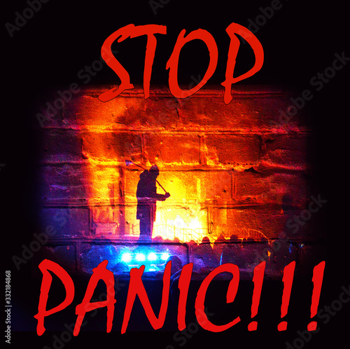 Obraz na płótnie Abstract metaphor image with police spotlights, the fire of a burning house and the inscription