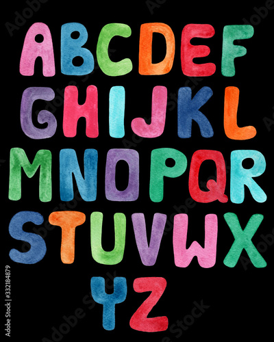Watercolor alphabet on black background