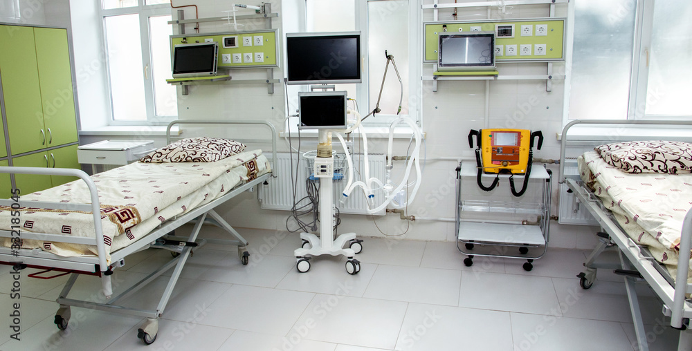 Equipment for rescuing coronavirus patients with a ventilator at a modern hospital in the intensive care unit.