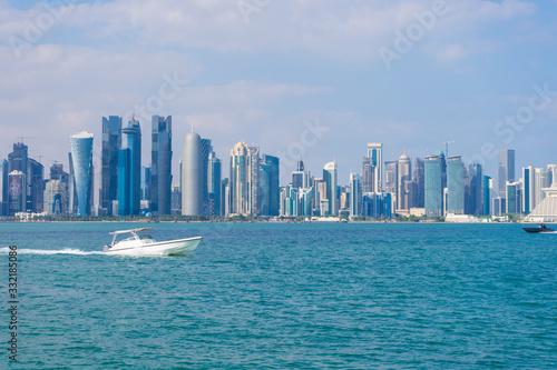 View of modern skyscrapers and bay in Doha, Qatar 