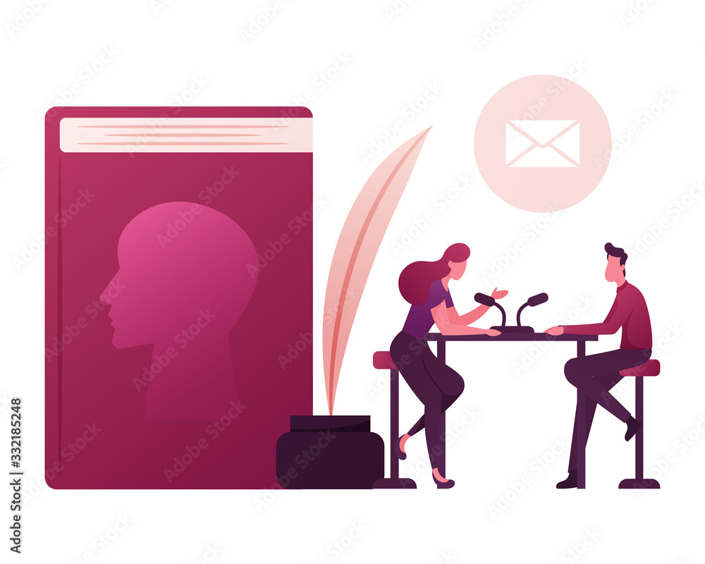 Female Radio Host Character Take Interview at Famous Writer with Announcement of New Biography Book with Human Profile on Cover and Huge Inkwell with Feather Pen. Cartoon People Vector Illustration Female Radio Host Character Take Interview at Famous Writer with Announcement of New Biography Book with Human Profile on Cover and Huge Inkwell with Feather Pen. Cartoon People Vector Illustration