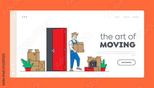 Relocation and Moving into New House Landing Page Template. Worker Male Character Carry Cardboard Box to Apartment. Professional Delivery Shipping Company Loader Service. Linear Vector Illustration