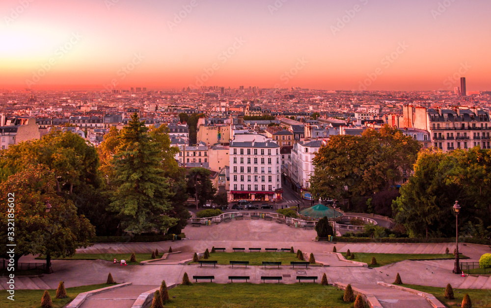 Rooftop view from Montmartre Hill at sunrise, Paris, France