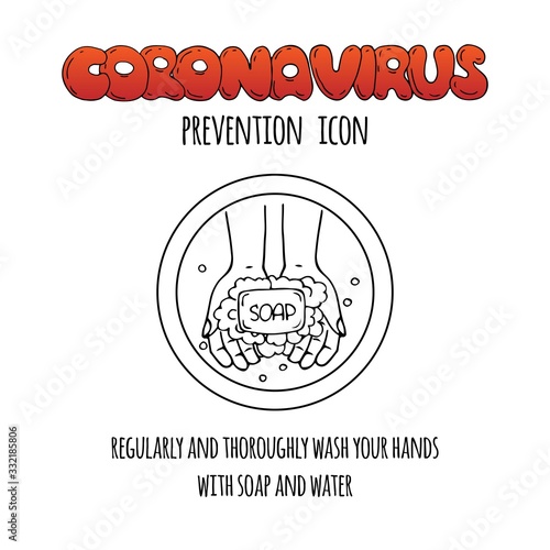 Hand drawn icon showing the importance of washing hands for killing coronavirus COVID-19. Regularly and thoroughly wash your hands with soap and water. Vector illustration. Cartoon 2019-nCov symbol.