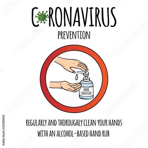 Regularly and thoroughly clean your hands with an alcohol-based hand rub to kill coronavirus COVID-19. Hand drawn icon. Vector illustration. Cartoon 2019-nCov symbol. Hand sanitizer bottle.