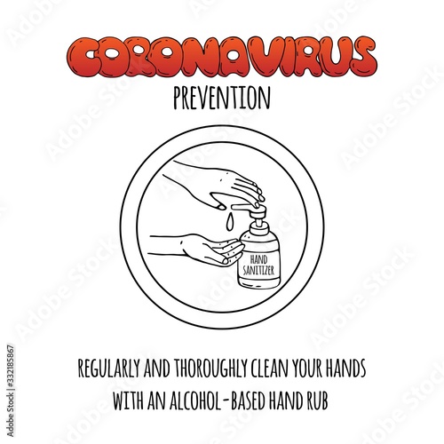 Regularly and thoroughly clean your hands with an alcohol-based hand rub to kill coronavirus COVID-19. Hand drawn icon. Vector illustration. Cartoon 2019-nCov symbol. Hand sanitizer bottle.
