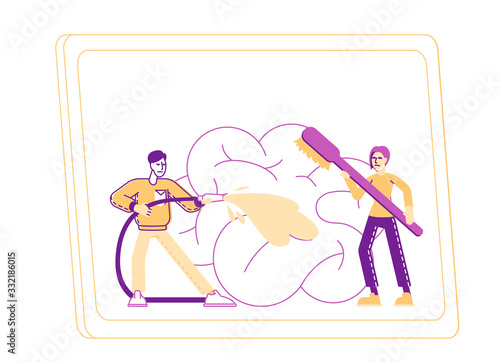 Male Characters with Hose and Brush Washing Huge Human Brain on Television Screen. Brainwashing and Mass Media Propaganda and Manipulation Concept. False Information. Linear People Vector Illustration