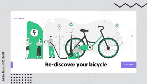 Eco Transport, Ecology Protection Healthy Lifestyle Landing Page Template. People Charging and Pumping Electric Bike. Characters Use E-Bicycle for Traveling, Sports Life. Linear Vector Illustration