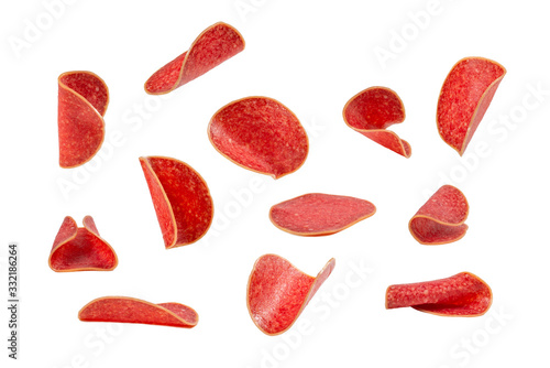 Tableau sur toile Falling salami isolated on white background.