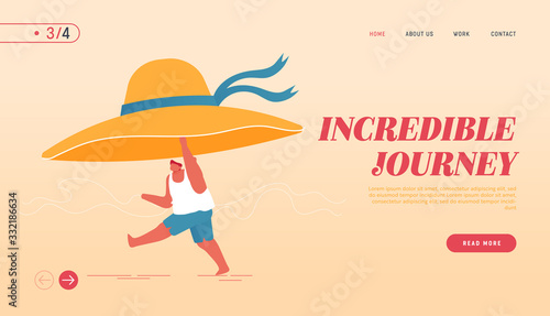 Summertime Nature Vacation Landing Page Template. Holiday and Active Lifestyle. Young Happy Overweight Man Character with Huge Tropical Hat Run at Summer Beach, Open Mind. Cartoon Vector Illustration