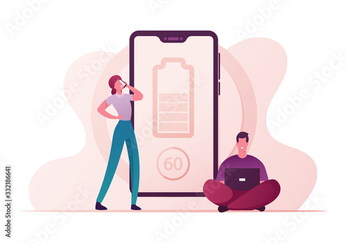 Male Character Working on Laptop, Woman Speak by Mobile at Huge Smartphone Charging with Wireless Charger. Innovative Modern Electronic Equipment for Gadgets Charge. Cartoon People Vector Illustration