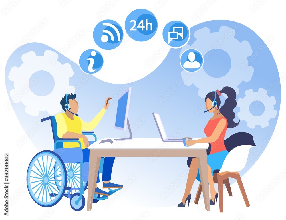 Poster Equal Working Conditions for People Flat. Willingness to Cover Different Areas Activity. Girl Works in an Office at Same Time as Man in Wheelchair Cartoon. Vector Illustration.
