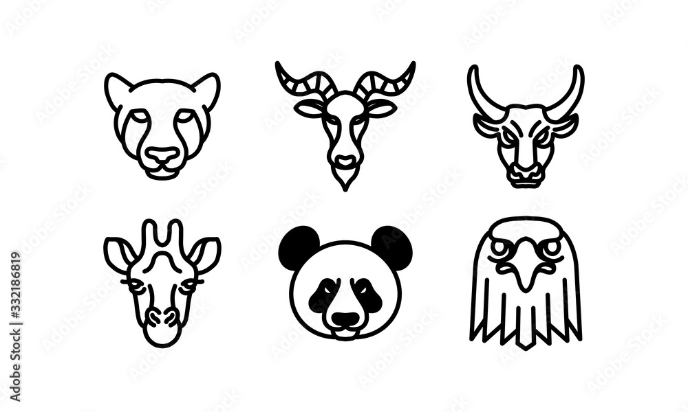 Obraz premium Set of 6 wild animal head, animal vector line icon, animal head vector line art, isolated animal illustration