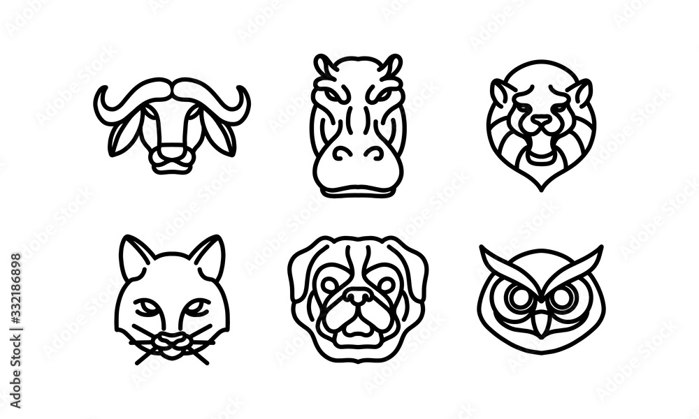 Set of 6 wild animal head, animal vector line icon, animal head vector line art, isolated animal illustration