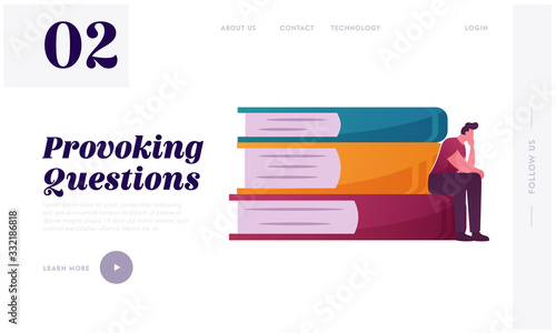 Thoughtful Man Sitting on Huge Book Pile Landing Page Template. Male Character Philosophy Reflections. Student in Library Prepare for Examination, Thinking, Get Knowledge. Cartoon Vector Illustration