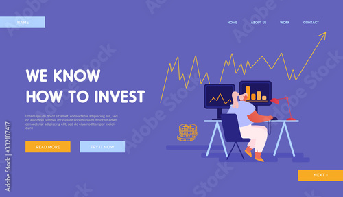 Broker Service Bulls and Bears Fund Landing Page Template. Businesswoman Trader Character Working on Computer Selling and Buying Currency, Bonds and Metals on Stock Market. Cartoon Vector Illustration
