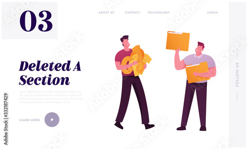 Office People Destroying Private Info Landing Page Template. Business Characters with Binary Code and Paper Folders in Hand Prepare for Deleting Documents and Information. Cartoon Vector Illustration