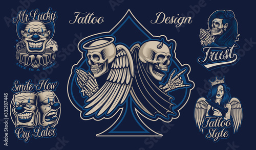 Set of coloured illustrations in chicano tattoo style