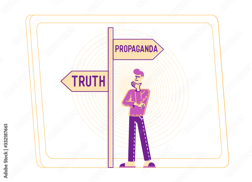 Thoughtful Male Character Stand at Road Pointer with Truth and Propaganda Way Marks on Hypnotic Spiral on Huge Television Screen. Tv Set Social Media Manipulation Concept. Linear Vector Illustration