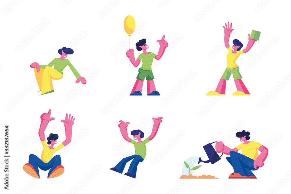 Happy Kids Jumping and Rejoice Isolated on White Background. Little Children on Summer Time Vacation or Party. Cute Funny Boys Hold Balloon, Playing Cubes, Watering Plant. Cartoon Vector Illustration Happy Kids Jumping and Rejoice Isolated on White Background. Little Children on Summer Time Vacation or Party. Cute Funny Boys Hold Balloon, Playing Cubes, Watering Plant. Cartoon Vector Illustration