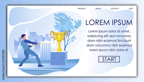 Male White Collar Worker, Straggling to Drag Golden Champion Cup, Persistent and Stubborn, Against Big City Business Quarter with Skyscrapers in Background, and Copy Space for Your Text