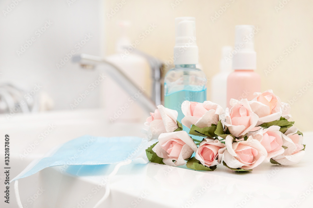 A set of hygienic antiseptics in a sanitary room. Antibacterial protection and self-care. Stop the spread of infection. A set of hygienic antiseptics in a sanitary room. Antibacterial protection and self-care. Stop the spread of infection.
