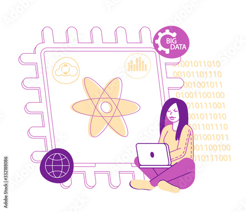 Female Character with Notebook Sitting at Huge Microchip with Atom Symbol. Quantum Computing Concept. Quantum-mechanical Superposition and Entanglement Perform Computation. Linear Vector Illustration
